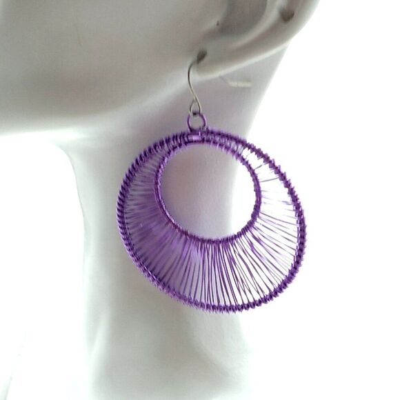 Purple Wrapped String Art Open Circle Drop Earrings - Picture 5 of 6